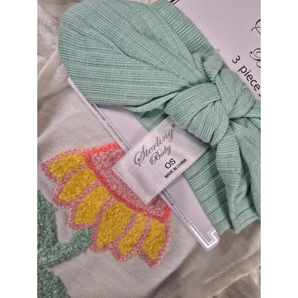 Sterling Baby Girls Sz 6M 3 Piece Outfit Set White Sage Green Floral Print NEW